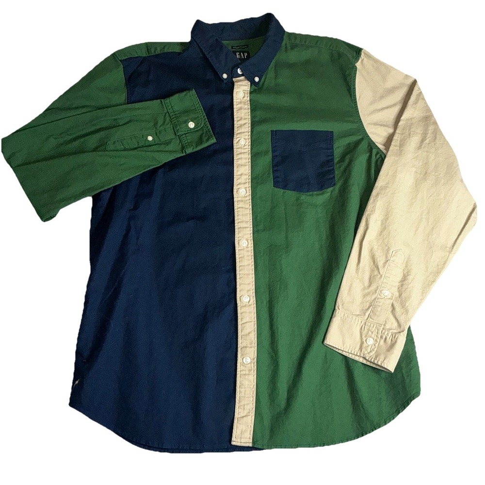 GAP Button Down‎ Shirt Mens Size XL Colorblock Stretch Oxford Blue Green Beige
